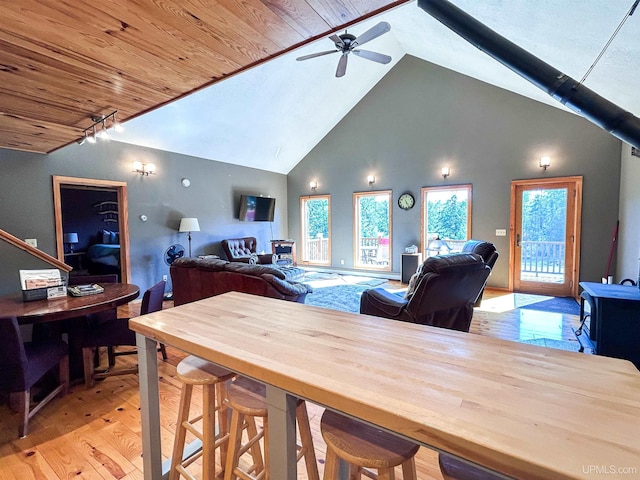 dining area featuring light wood-type flooring, high vaulted ceiling, ceiling fan, and wood ceiling