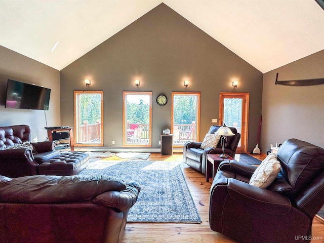 living room featuring high vaulted ceiling, light hardwood / wood-style floors, and a wealth of natural light