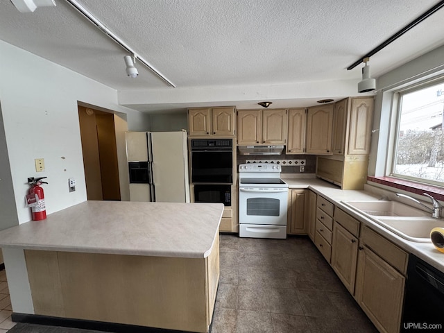 kitchen with sink, rail lighting, a textured ceiling, light brown cabinetry, and black appliances