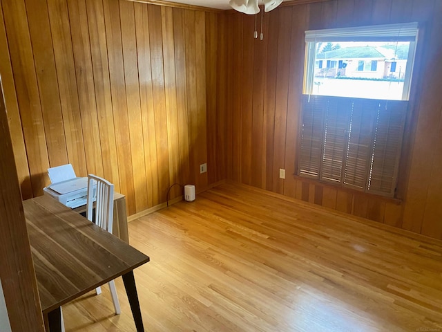 unfurnished room featuring wooden walls and wood-type flooring