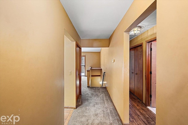 hallway featuring dark colored carpet