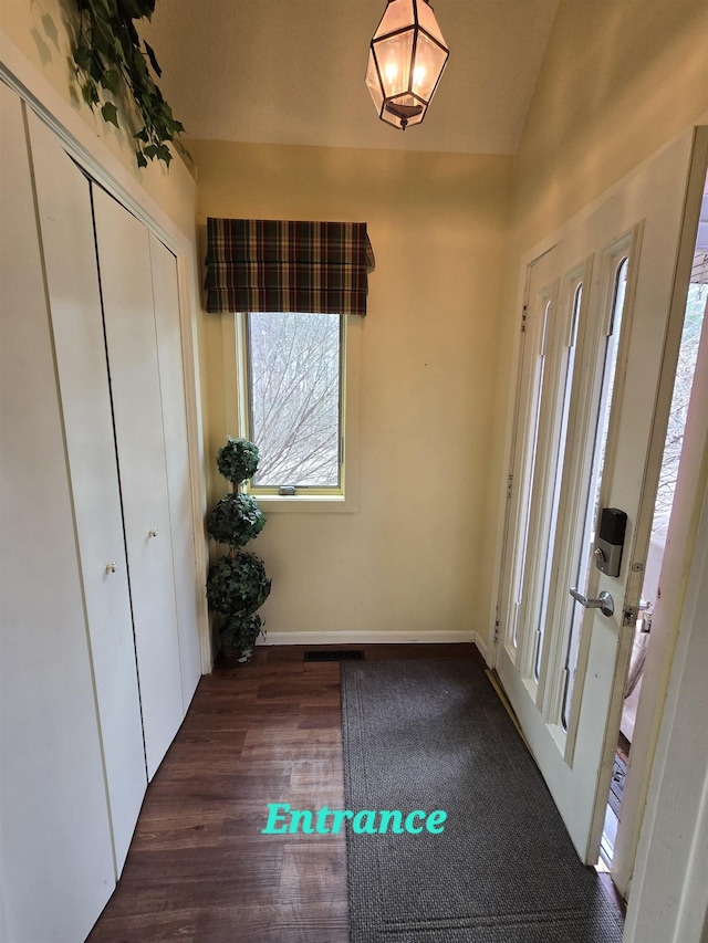 foyer entrance featuring vaulted ceiling and dark hardwood / wood-style floors