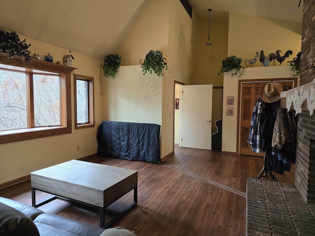 living room with dark hardwood / wood-style flooring, a fireplace, and high vaulted ceiling