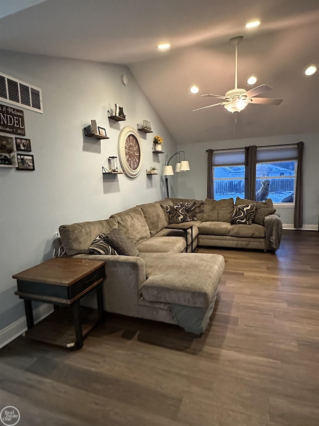 living room featuring ceiling fan, lofted ceiling, and hardwood / wood-style flooring