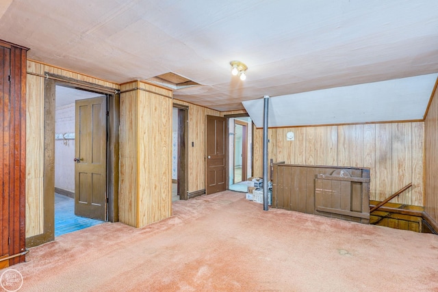 basement featuring wood walls and carpet