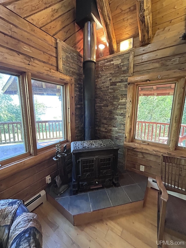 details featuring beam ceiling, wood walls, a wood stove, and baseboard heating