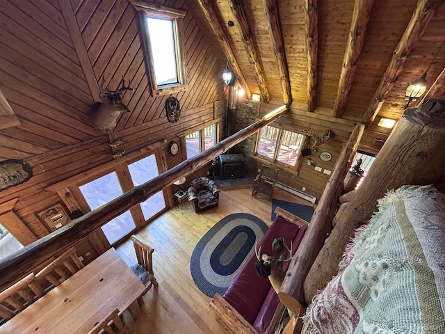 living room featuring wood ceiling, beam ceiling, high vaulted ceiling, light hardwood / wood-style floors, and wood walls