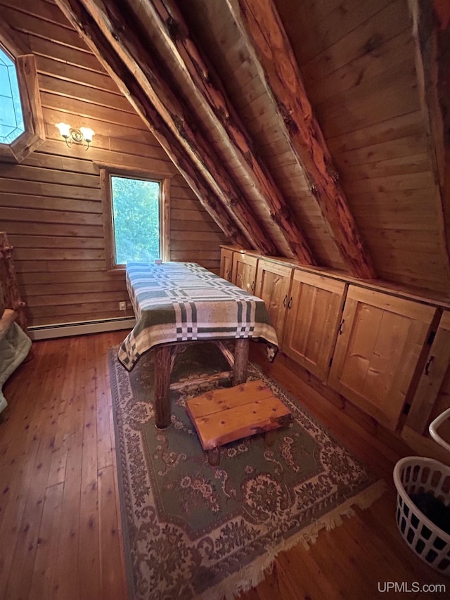 unfurnished bedroom with wood walls, dark wood-type flooring, vaulted ceiling with beams, baseboard heating, and wood ceiling