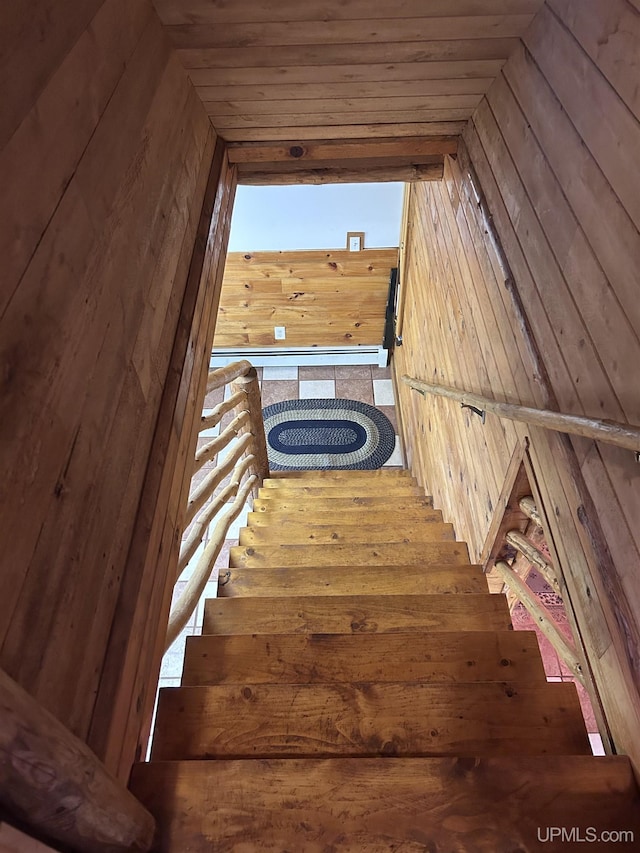 stairway featuring wooden walls and wood ceiling