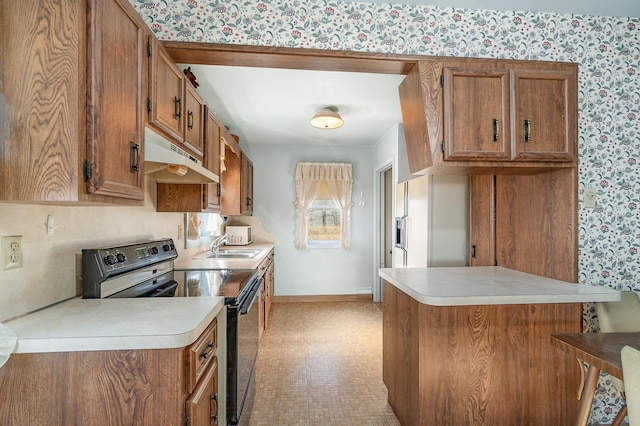 kitchen featuring range with electric stovetop, kitchen peninsula, and sink