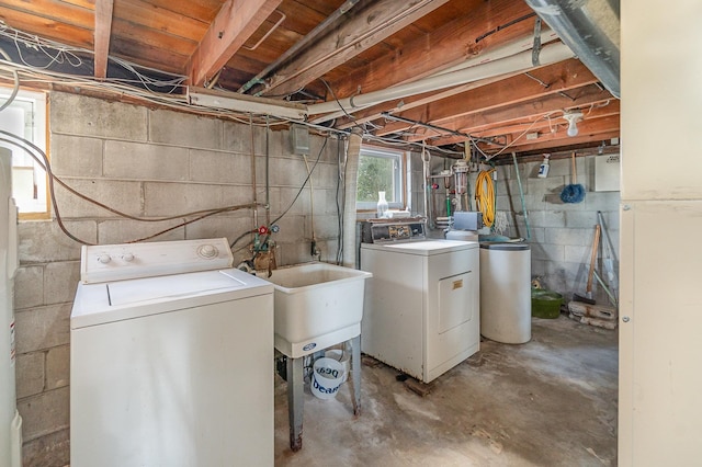 basement featuring separate washer and dryer and sink