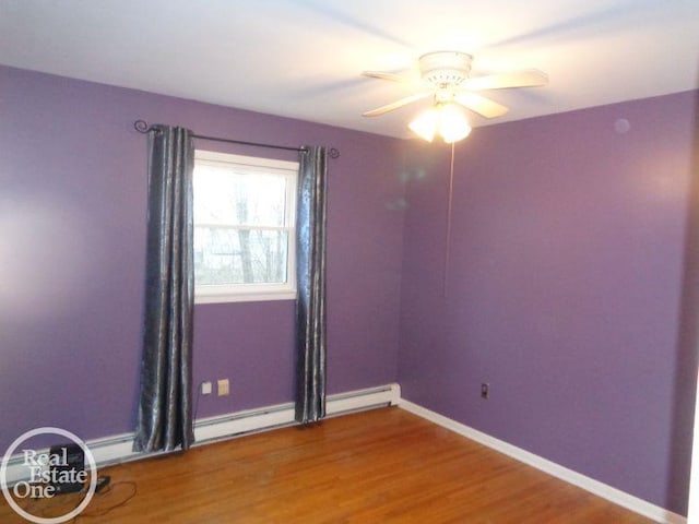 empty room with hardwood / wood-style floors and ceiling fan