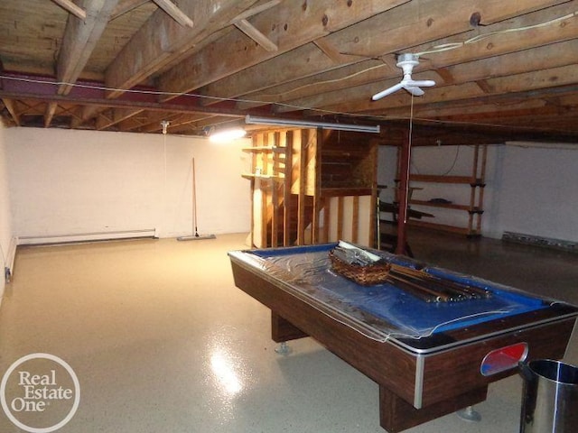 playroom with billiards and a baseboard radiator