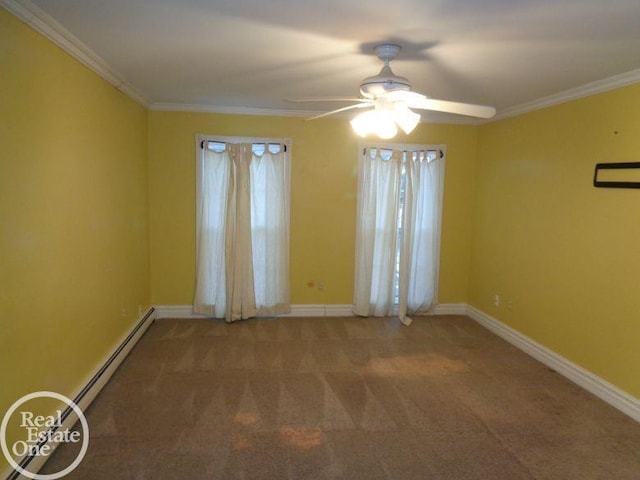 unfurnished room featuring carpet flooring, ceiling fan, and ornamental molding