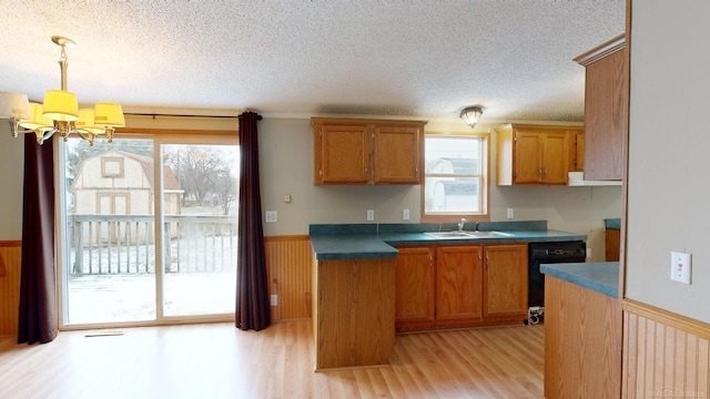 kitchen featuring sink, hanging light fixtures, an inviting chandelier, black dishwasher, and light wood-type flooring