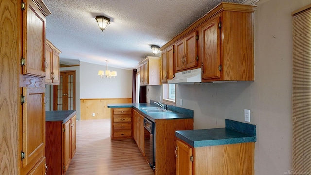 kitchen featuring light wood-type flooring, vaulted ceiling, sink, decorative light fixtures, and a chandelier