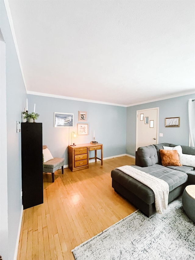 living room with wood-type flooring and ornamental molding