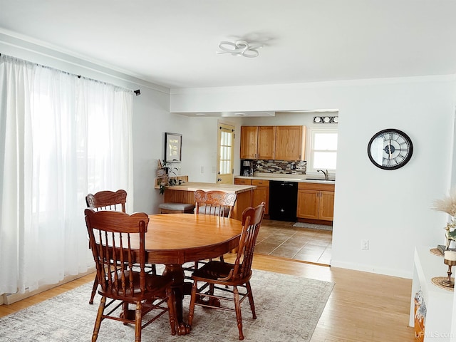 dining area with sink and light hardwood / wood-style flooring