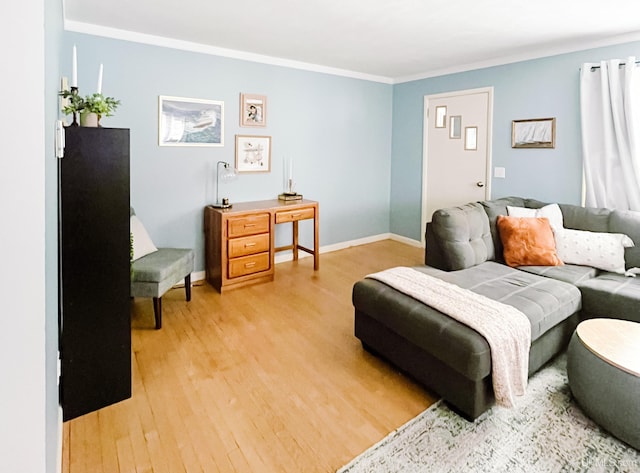 living room featuring light wood-type flooring and crown molding