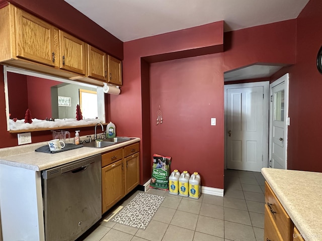 kitchen featuring light tile patterned floors, stainless steel dishwasher, and sink