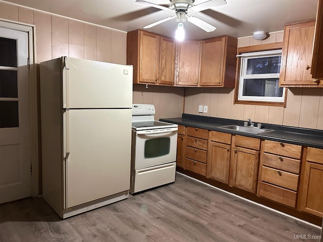 kitchen with wood walls, white appliances, sink, ceiling fan, and light hardwood / wood-style floors