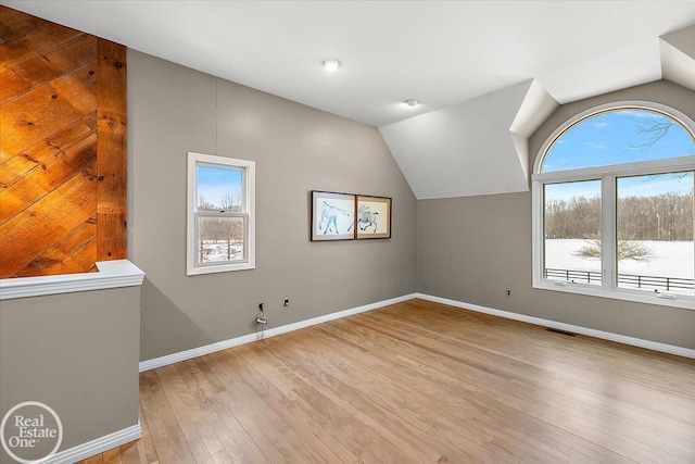 bonus room featuring a healthy amount of sunlight, light hardwood / wood-style flooring, and lofted ceiling