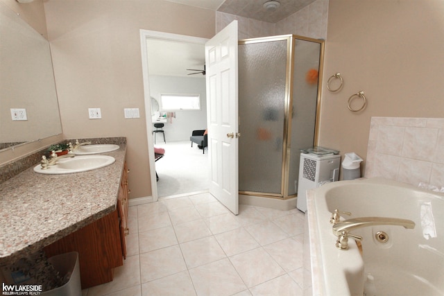 bathroom with tile patterned flooring, vanity, ceiling fan, and independent shower and bath