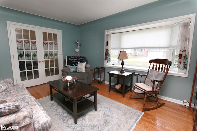 living room with wood-type flooring and french doors