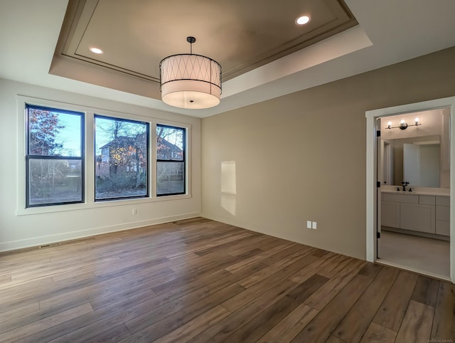 interior space with a tray ceiling, sink, and hardwood / wood-style flooring