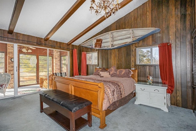 bedroom with access to outside, vaulted ceiling with beams, wooden walls, and light carpet