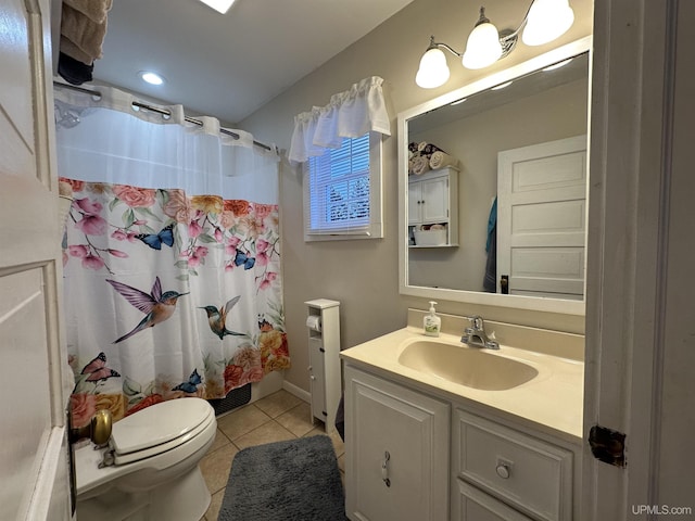 bathroom featuring tile patterned floors, vanity, toilet, and a shower with shower curtain