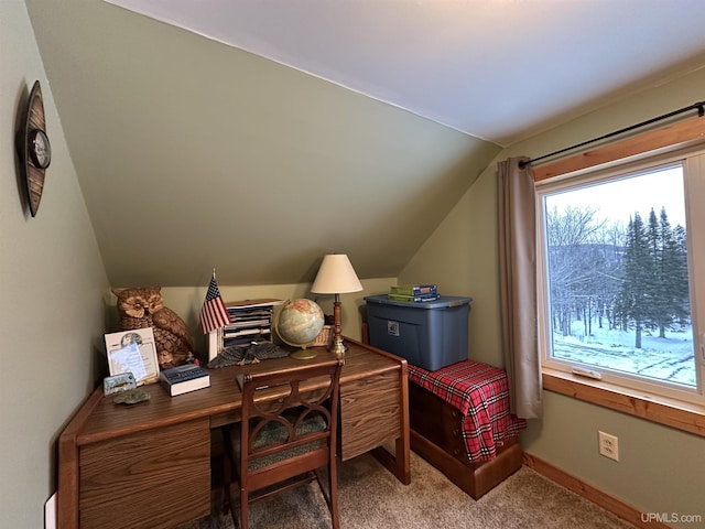 office space with carpet flooring and vaulted ceiling