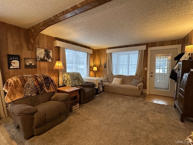 carpeted living room with a textured ceiling and wood walls