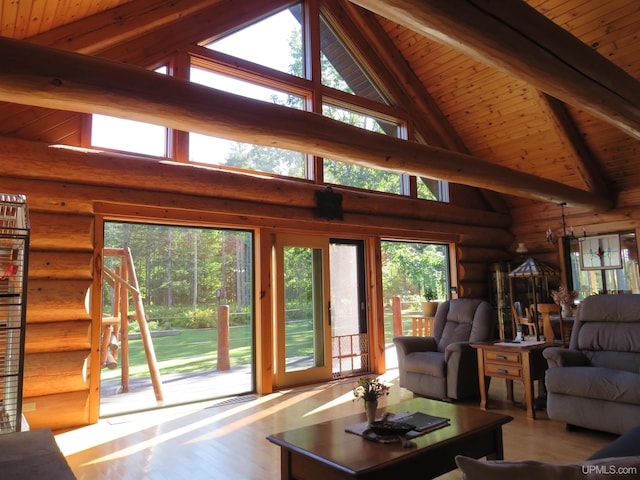 living room with beam ceiling, log walls, wood ceiling, and high vaulted ceiling