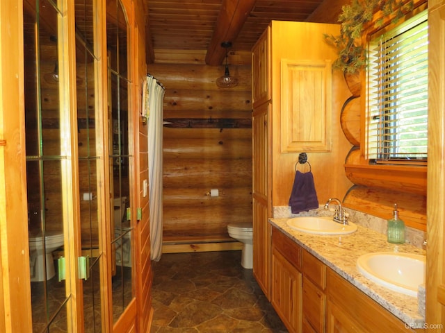 bathroom with vanity, toilet, log walls, beam ceiling, and wood ceiling