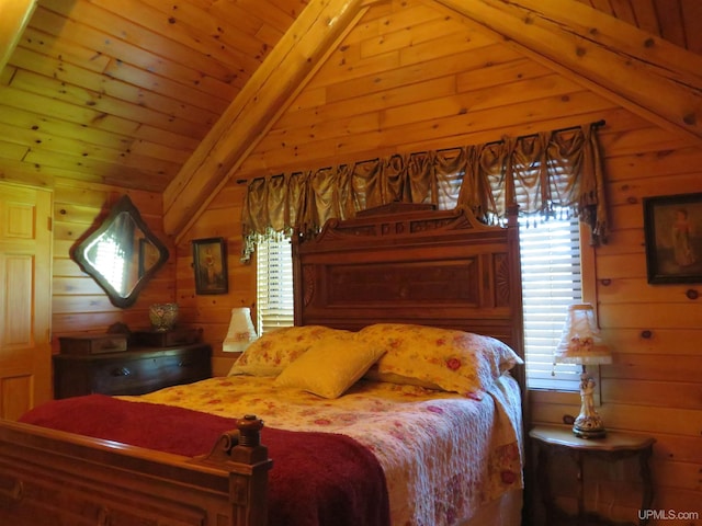 bedroom with lofted ceiling with beams, wood ceiling, and wooden walls