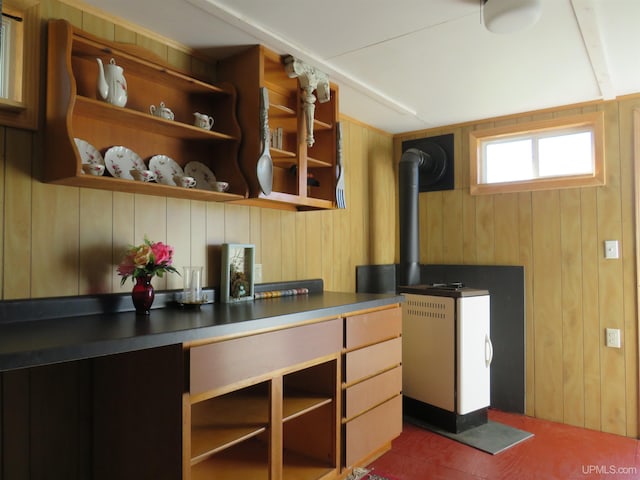 kitchen with wood walls