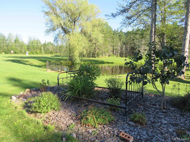 view of property's community with a lawn and a water view