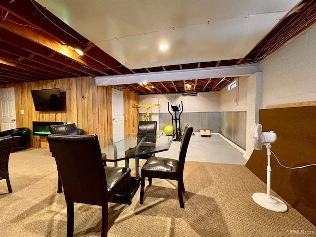 recreation room with carpet and wood walls