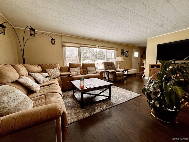 living room with crown molding and dark wood-type flooring