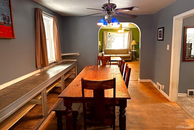 dining area featuring ceiling fan and hardwood / wood-style floors