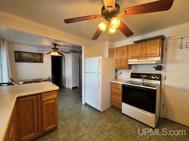 kitchen with ceiling fan and white appliances