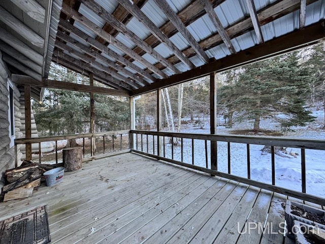 view of snow covered deck