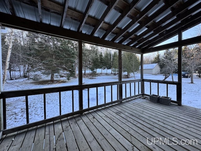 view of snow covered deck