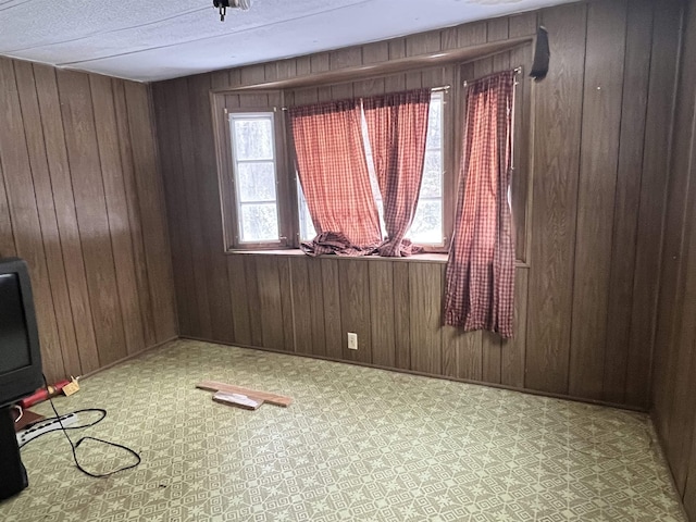 empty room with wooden walls, plenty of natural light, and a textured ceiling