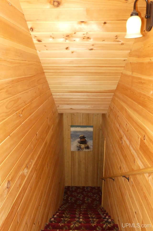 interior space with wood ceiling and wooden walls