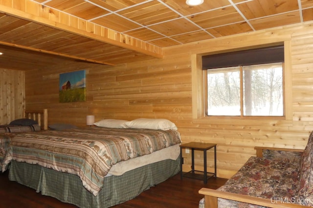 bedroom featuring dark wood-type flooring and wood ceiling