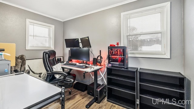 home office with hardwood / wood-style flooring and ornamental molding