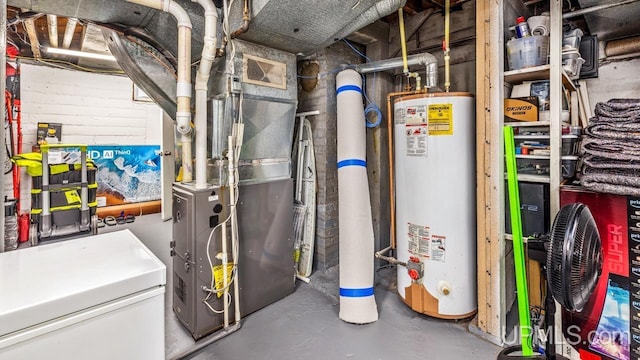 utility room featuring heating unit and water heater