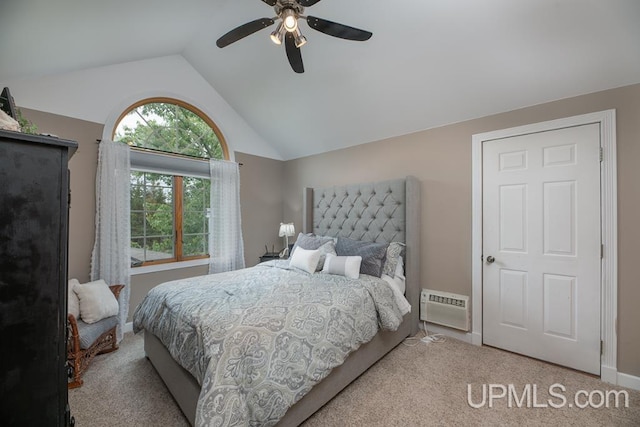 bedroom featuring an AC wall unit, ceiling fan, light carpet, and lofted ceiling